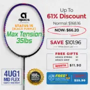 Apacs Status 15 (Black Purple) Badminton Racket -100% Original FREE String &Grip