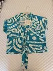 Haute Hippie Top Woman's Large Teal And White Linen Rayon Cropped Front Tie