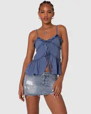 EDIKTED Womens Juniper Tie Front Ruffled Top BLUE