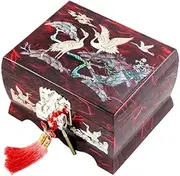 Mother of Pearl Musical Bird Design Wooden Girls Jewelry Mirror Trinket Keepsake Treasure Gift Music Asian Lacquer Box Case Chest Organizer with Crane and Pine Tree in Red Mulberry Paper