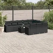 11 Piece Black Poly Rattan Garden Sofa Set, Outdoor Patio Furniture with Cushions & Storage, UV-Resistant, Modular Design for Deck, Porch, Poolside, Includes Glass Tabletop