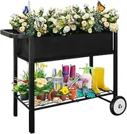 Koutemie Outdoor Raised Planter Box with Legs for Gardening, Elevated DIY Garden Bed Cart on Wheels Vegetables Flower Tomato Herb Plant, Black 38.5 inches