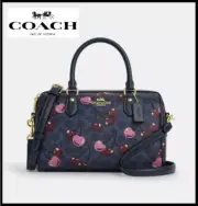 COACH CY692 Rowan Satchel Bag Signature Canvas Cherry Print Denim Blue Outlet