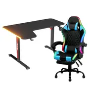 Advwin 140cm Black Gaming Desk RGB LED Light & Gaming Chair with Footrest LED Light Blue