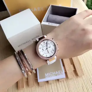Michael Kors 玫瑰金鑲鑽 白色皮帶三眼計時手錶腕錶 MK2281【Watch World-Store  】