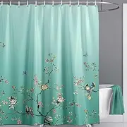[LIVETTY] Ombre Green Bird Extra Long Shower Curtain 180cm × 210cm Drop Floral Butterfly Fabric Bathroom Mould Proof Spring Washable Shower Curtain With 12 Hooks