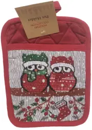 Fabric Tapestry Jumbo Pot Holder (7" x 9") CHRISTMAS, 2 WINTER OWLS, HC