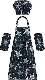AIXIWAWA Kids Apron Chef Hat Set, Child Kitchen Bib Aprons Adjustable for Cooking Baking Painting (Seahorse)