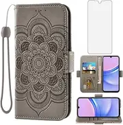 [Asuwish] Phone Case for Samsung Galaxy A15 5G Wallet Cover with Tempered Glass Screen Protector and Leather Flip Credit Card Holder Stand Lanyard Wrist Strap Cell Accessories A 15 4G 15A Women Men Gray