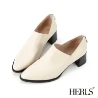 在飛比找momo購物網優惠-【HERLS】跟鞋-全真皮側V後拉鍊尖頭粗跟鞋(米白色)