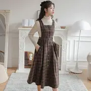 Set: Mock Neck Plain Sweater + Plaid Overall Midi A-Line Dress Set of 2 - Sweater & Dress - Coffee & Beige - L