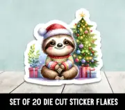 Sloth By Christmas Tree Die Cut Stickers Happy Mail - Set of 20
