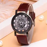 在飛比找蝦皮購物優惠-2023 男士手錶時尚透明鏤空手錶皮革錶帶石英手錶價格 Re