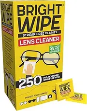 BRIGHTWIPE Lens Wipes & Glasses Cleaner - 250 Individually Wrapped Pre-Moistened Single Use Wipes | Streak-Free Screen Cleaning for Camera Lens, Laptop, PC Computer Monitor & Phone