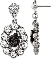 [JewelryWeb] Silver-tone Black Flowers and Clear Crystal Post Long Drop Dangle Earrings 42x21mm Wide-Dangle Earring for Women