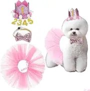 ZARSIO Dog Birthday Set Crown Hat Glitter Tie Tutu Skirt for Pets Reusable Birthday Party Cat Small Dogs Supplies (Pink)