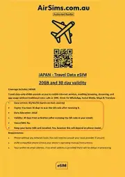 Japan Travel Data eSim 20GB with 30day validity AirSims Brand