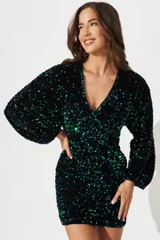 Women's Party Sapphira Sequin Dress Full Length Sleeve in Black With Green Sequin 8