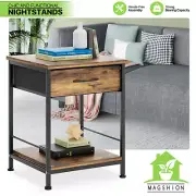Rustic Brown Nightstand Home Bedside End Table w/Cloth Drawer+Open Storage Shelf