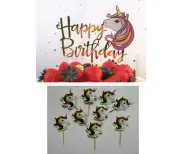 1 X UNICORN HAPPY BIRTHDAY CAKE TOPPER & 12 X UNICORN CUPCAKE TOPPERS