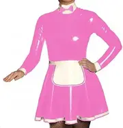[Fetish Queen] Women High Neck Long Sleeve Maid Uniform with Apron A-line Pleated Dress Wetlook PVC Leather Cosplay Party
