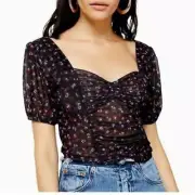 Topshop Ruched Mesh Crop Top Puff Sleeves Sweetheart Neck Floral Black Sz 4 NWT