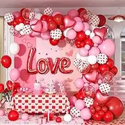 Valentines Day Balloon Arch Garland Kit, White Pink Red Heart Balloons Red Rose Petals Love Balloons for Engagement Anniversary Galentines Valentines Day Party Decorations