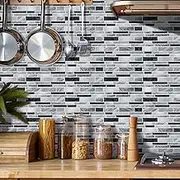 Alwayspon 12 Pcs Peel and Stick Backsplash Vinyl Marble Tile, Self-adhesive Tile Transfer Sticker Stick on Tiles for Kitchen Bathroom, 9.68x4.72inch/24.6x12cm, Black Gray Silver Marble Effect