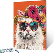 Cat with Cute Sunglass and Straw Hat Painting Paint by Number Animal Wear Flowers Hat DIY Painting with Brushes Acrylic Paints Paint by Numbers for Adults and Kids Beginner 16x20 Inch（DIY Frame）