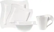 [Villeroy & Boch] New Wave 4-Piece Place Setting Dinner, Salad Plate, Bowl, and Mug – Premium Porcelain, Set of (Variable), Dinnerware, White
