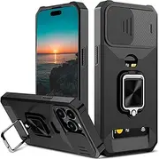 for iPhone 13 Pro Max Case with [Card Holder] [Slide Camera Cover] [360° Rotate Ring Kickstand] Heavy Duty Protective Phone Case Cover for iPhone 13 Pro Max-Black