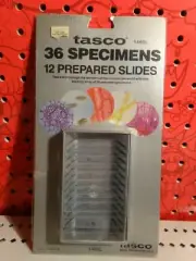Vintage 1982 Tasco 12 Glass Microscope Slides with 36 Specimens Assorted 1460L