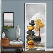 Door Stickers PVC Self Adhesive 3D Door Sticker Mural Artistic Stone Golden Tree Elk Wall Sticker Living Room Deca Home Decor Wallpaper (Size : 95x215cm)