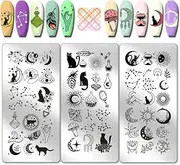 PH PandaHall 3pcs Moon Stars Pattern Nail Stamp Plate Cute Cat Shape Print Art Template Nail Picture Plate Stainless Steel Sun Pattern Nails Art Stencils for Women DIY Print 12 x 6 cm