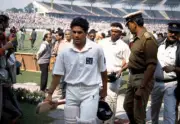 Indian batsmen Sachin Tendulkar and Vinod Kambli leave the fi- Old Cricket Photo