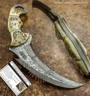 IMPACT CUTLERY RARE CUSTOM DAMASCUS KARAMBIT KNIFE FULL TANG STAG ANTLER HANDLE