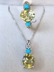 Ouro Verde Quartz & Turquoise Ring / Pendant Set Platinum 925 Sterling Size 9
