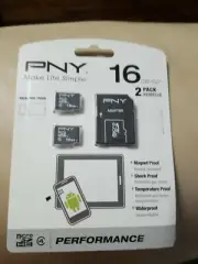 PNY microSDHC Memory Card P-SDU16G4X2-GE 16GB. 2 Pack NEW.