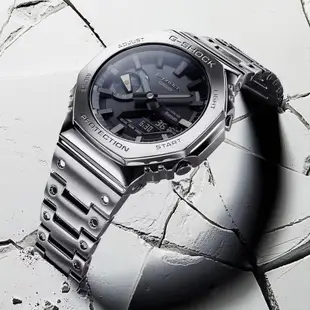 CASIO 卡西歐 G-SHOCK 八角農家橡樹 全金屬版 太陽能藍芽連線雙顯手錶-銀 GM-B2100D-1A