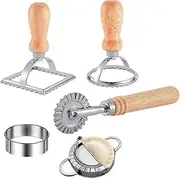 HIDOSNG Ravioli Stamp Maker Tools with Roller Wheel Set of 5, Wooden Handle Ravioli Maker Tools with Roller Wheel, Pasta Press Wheel Dumplings Maker Tools