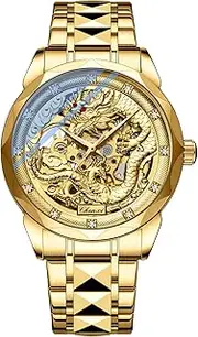[DAXIAOYU] Gold 3D Dragon Dial Watches for Men Luxury Automatic Mechanical Watch Stainless Steel Strap Hollow-Carved Wristwatches