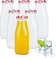 Yeelua 6 Glass Milk Bottles, 250ml Each, with Red Gingham Lids - Reusable Juice Bottles & Jam Jars for Decoration & Weddings