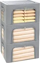 Clothes Storage Box Bins Stackable Foldable Organizer,Sturdy Handles with Metal Frame for Clothing Bedding Shelves,Closet Container with Clear Window Zipper and Label Holder (Gray, 22L x3 Pack)