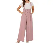 Allegra K High Waist Wide Leg Belted Long Jumpsuits Pink