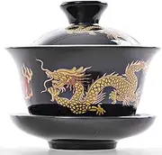 YBK Tech Porcelain Kung Fu Tea Cup and Saucer with Lid, Chinese Traditional Gaiwan Sancai Tea Bowl Tea Set Dragon Pattern (Black)