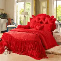 在飛比找蝦皮購物優惠-花嫁紅 結婚床罩 紅色床罩 蕾絲床罩 雙人床罩 床裙組