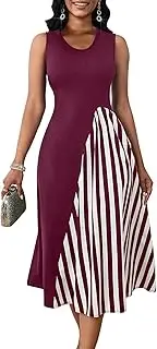 [FANDEE] Sleeveless Midi Dresses for Women Crew Neck Fit and Flare Swing Summer Dress A-Line Flowy Church Work Dress