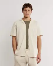 [Jag] Jag Men's Francis Knitted Cotton Shirt In String Neutrals Size Xs XS Neutrals