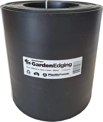Plastic Lawn Edging-300mmx 12m x 3mm-Recycled Plastic - Black- Stop root runners