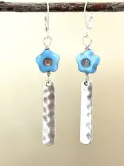 Blue Glass Flower Earrings W Hammered Silver Bar Sundance Treasures Jewelry